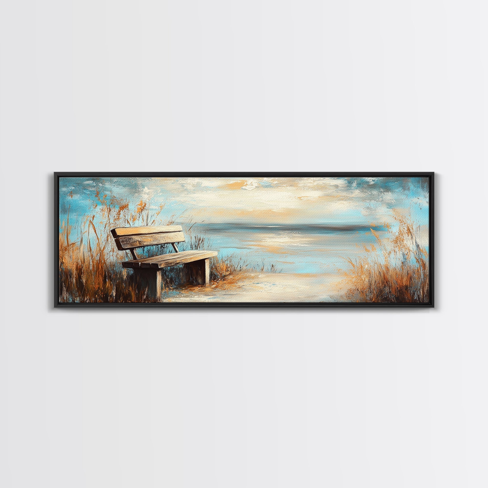 Lakeside Bench, Rustic Tranquility, Canvas Print, Country Home Decor, Warm Color Palette, Vintage Landscape, Serene Wall Art