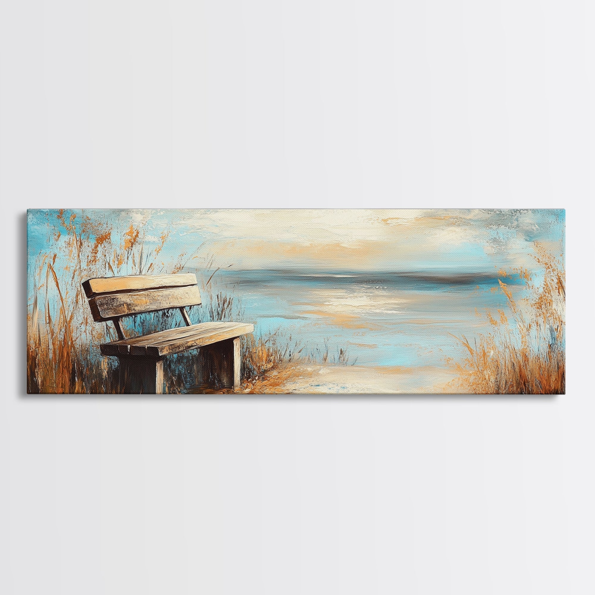 Lakeside Bench, Rustic Tranquility, Canvas Print, Country Home Decor, Warm Color Palette, Vintage Landscape, Serene Wall Art