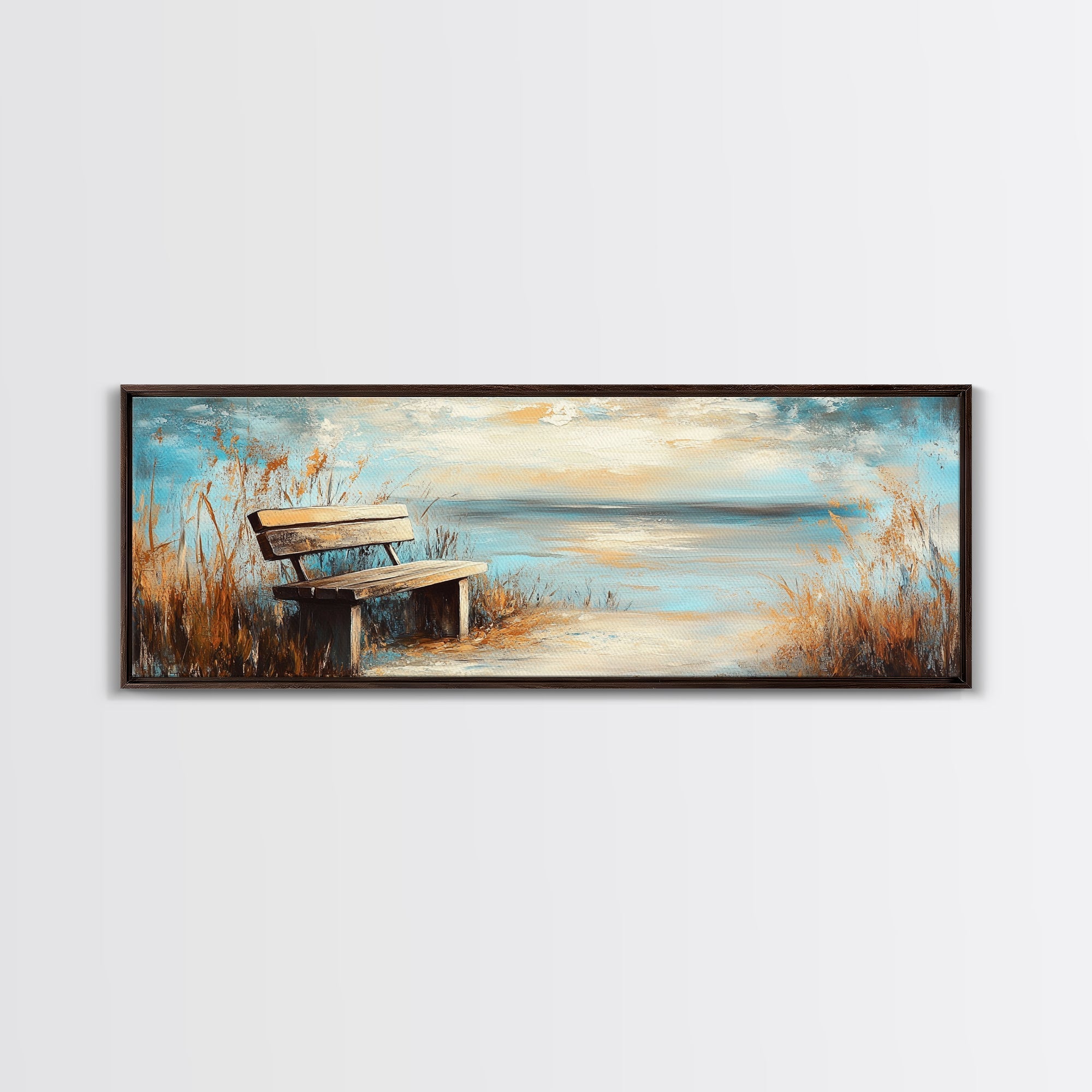 Lakeside Bench, Rustic Tranquility, Canvas Print, Country Home Decor, Warm Color Palette, Vintage Landscape, Serene Wall Art