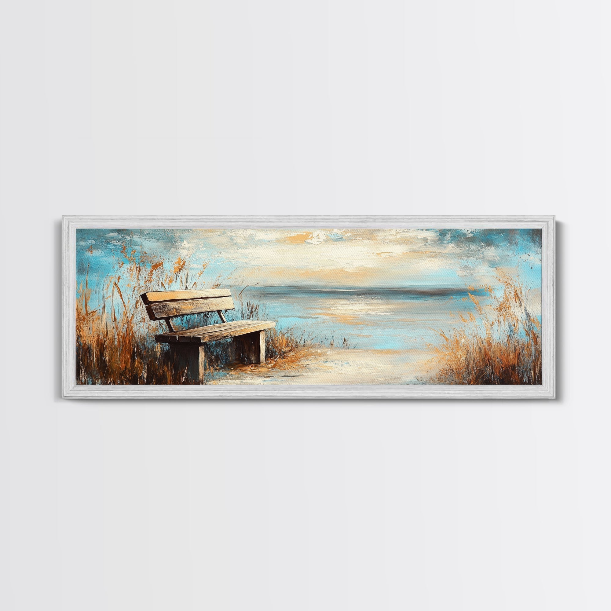 Lakeside Bench, Rustic Tranquility, Canvas Print, Country Home Decor, Warm Color Palette, Vintage Landscape, Serene Wall Art