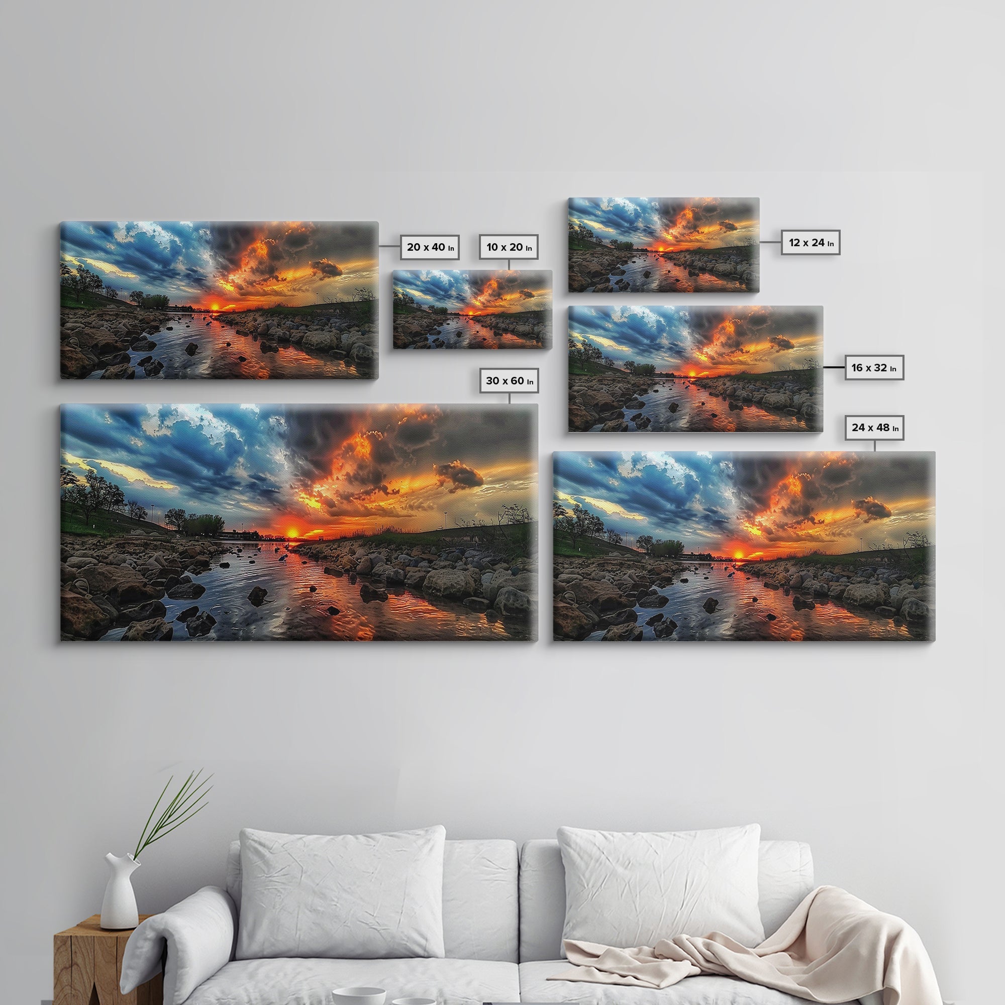 Sunset Over A Rocky River, Framed Canvas Print, Landscape Photography Style Wall Art, Beautiful Home Decor