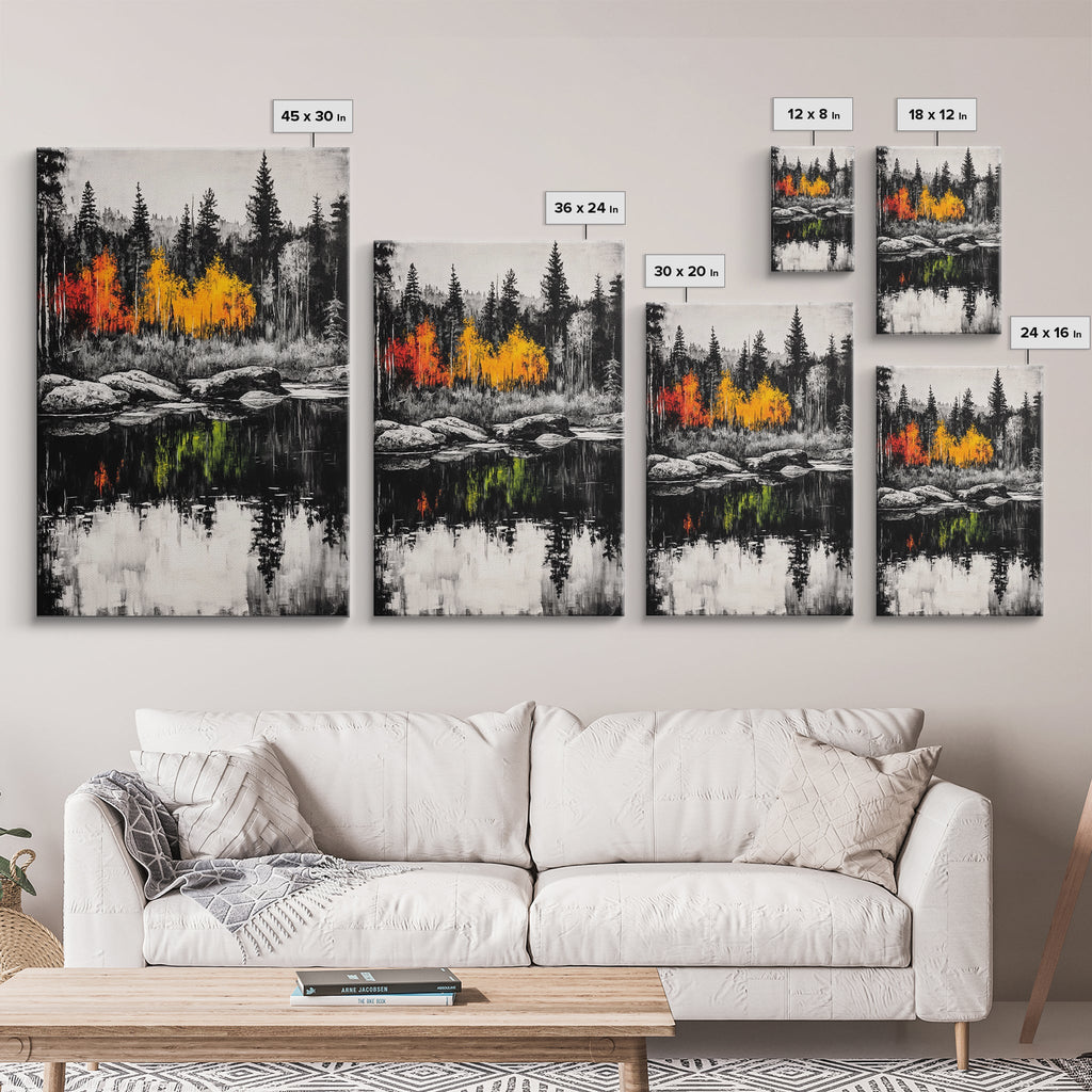 Autumn Reflection, Fall Forest Art, Lake Landscape, Vibrant Trees, Seasonal Painting, Warm Home Decor, Canvas Print