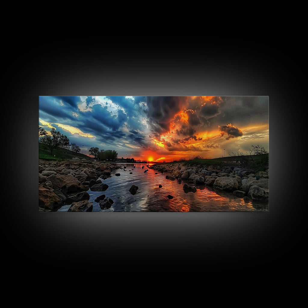 Sunset Over A Rocky River, Framed Canvas Print, Landscape Photography Style Wall Art, Beautiful Home Decor