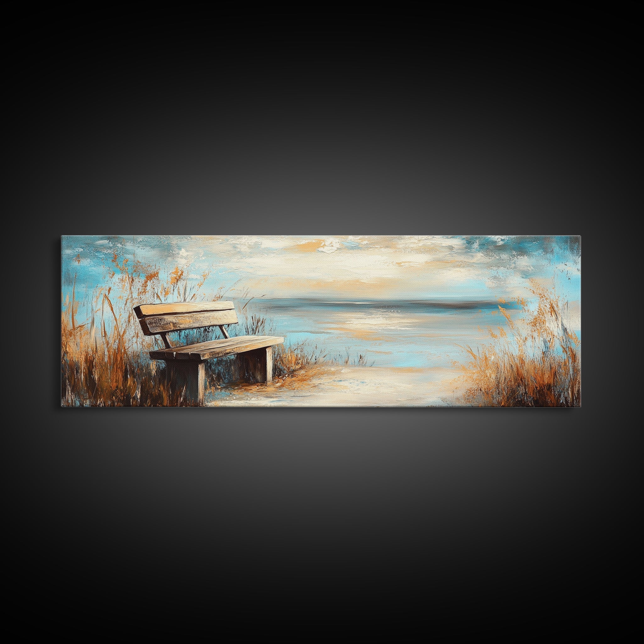 Lakeside Bench, Rustic Tranquility, Canvas Print, Country Home Decor, Warm Color Palette, Vintage Landscape, Serene Wall Art