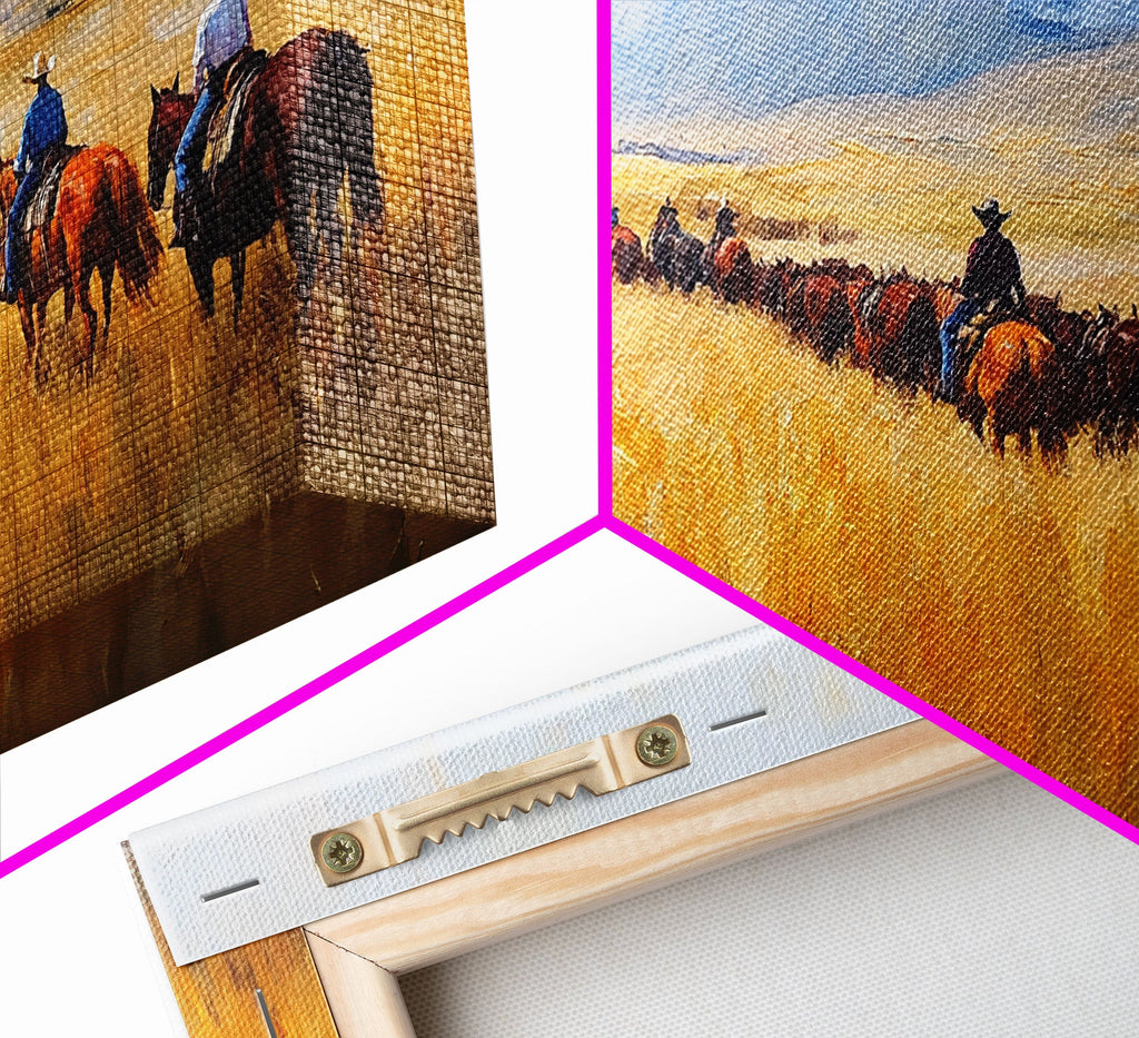 Cowboys Framed Canvas Print Western Country Horse Ride Scenic Art Large Landscape Wall Decor Ideal Holiday and Ranch Home Gift
